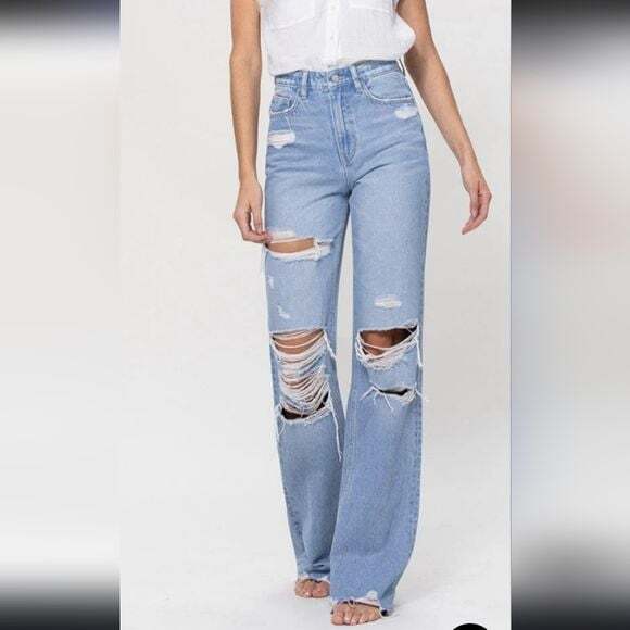 Flying Monkey Denim - Flying Monkey Light Wash 90's Vintage Wide Leg Jeans 100% Cotton Size 28